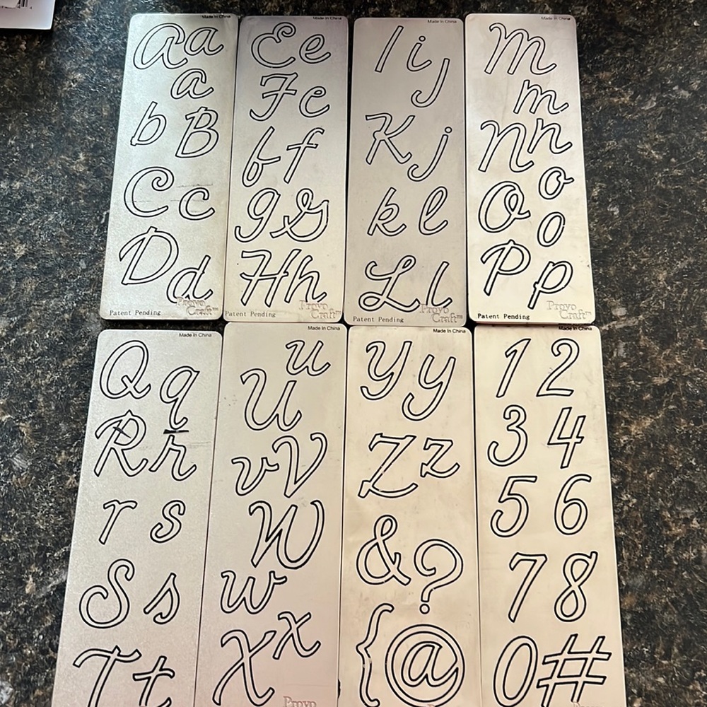 Set of 8 alphabet and number dies for use in cuttlebone style cutting machine